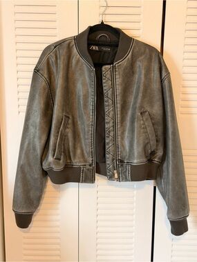 ZARA Grey Faux Leather Bomber Jacket